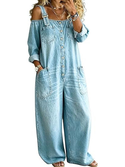 Women's Vintage Washed Off Shoulder Denim Wide Leg Overalls