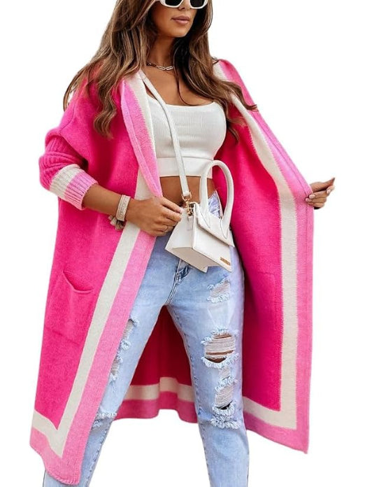 Women's Color Block Hooded Long Cardigan