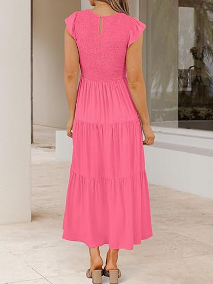 Women's Smocked Tiered Flutter Sleeve Midi Dress
