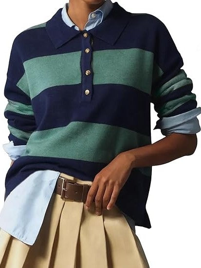 Women's Striped Button Knit Polo Shirt