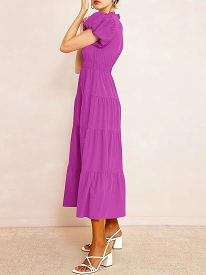 Women's Casual Ruffle V-Neck Smocked Waist Midi Dress