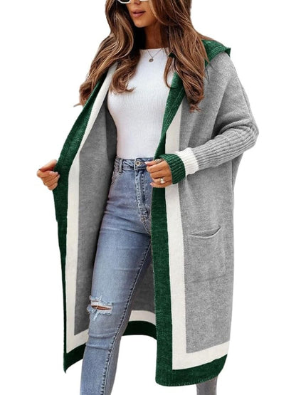 Women's Color Block Hooded Long Cardigan