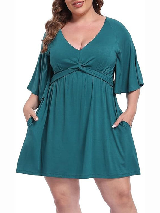Deep V Neck Twist Knot Front Plus Size Dress
