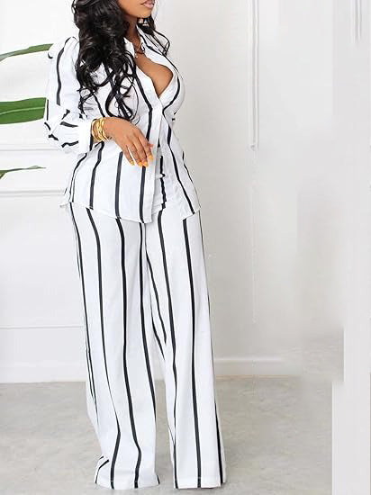 Women's Casual Striped Long Sleeve Two Piece Outfit