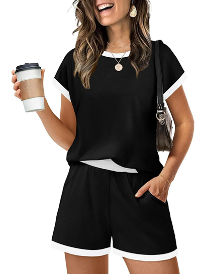 Women's Contrast Trim Crew Neck 2 Piece Short Set