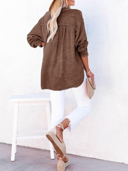 Women's Oversized Henley V Neck Long Sleeve Blouse