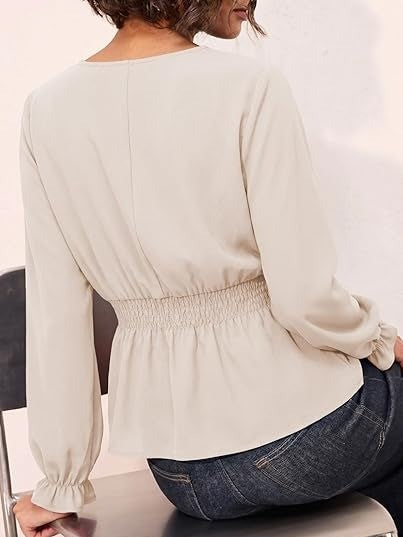 Women's Fitted V Neck Button Long Sleeve Solid Color Blouse
