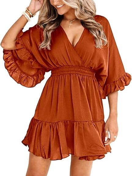 Women's Flowy V-Neck Ruffle Hem Mini Dress