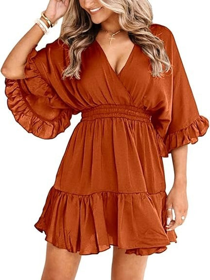 Women's Flowy V-Neck Ruffle Hem Mini Dress