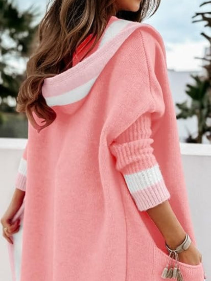 Women's Color Block Hooded Long Cardigan