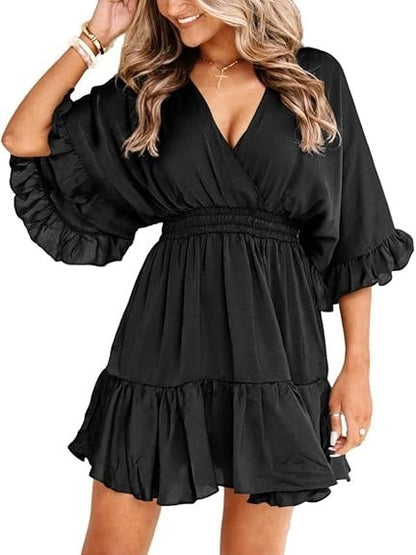 Women's Flowy V-Neck Ruffle Hem Mini Dress