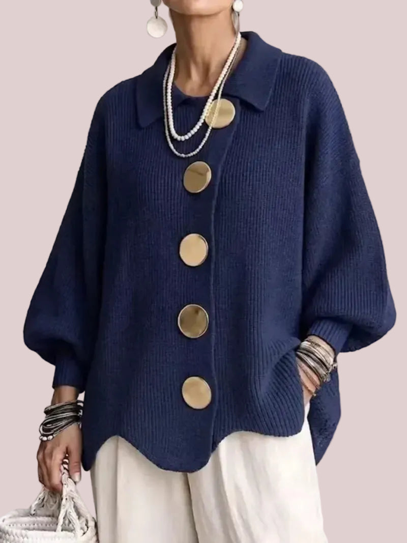 Women's French Lapel Knit Cardigan with Big Metal Buttons