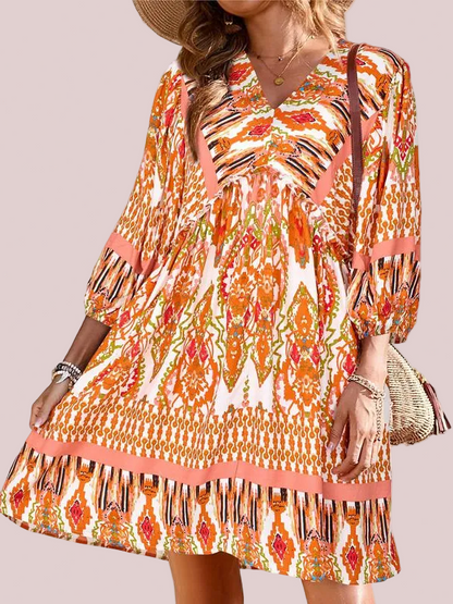 Women's Boho Printed Babydoll Mini Dress