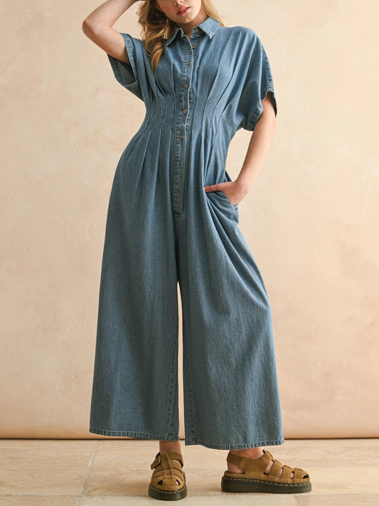 Women's Vintage Denim Collared Wide Leg Romper