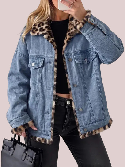 Women's Reversible Denim & Leopard Print Patchwork Denim Jacket