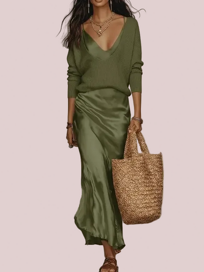 Women's 2-Piece Knit Satin Dress Set