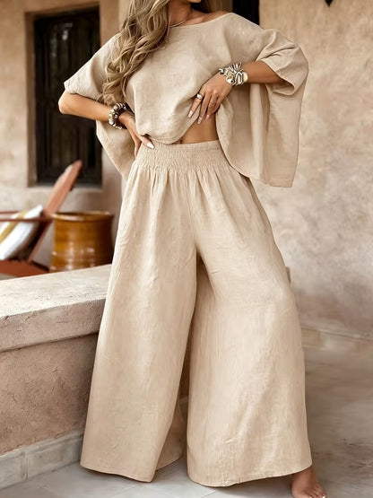Women's Off Shoulder Batwing Top Wide Leg Pants Outfit