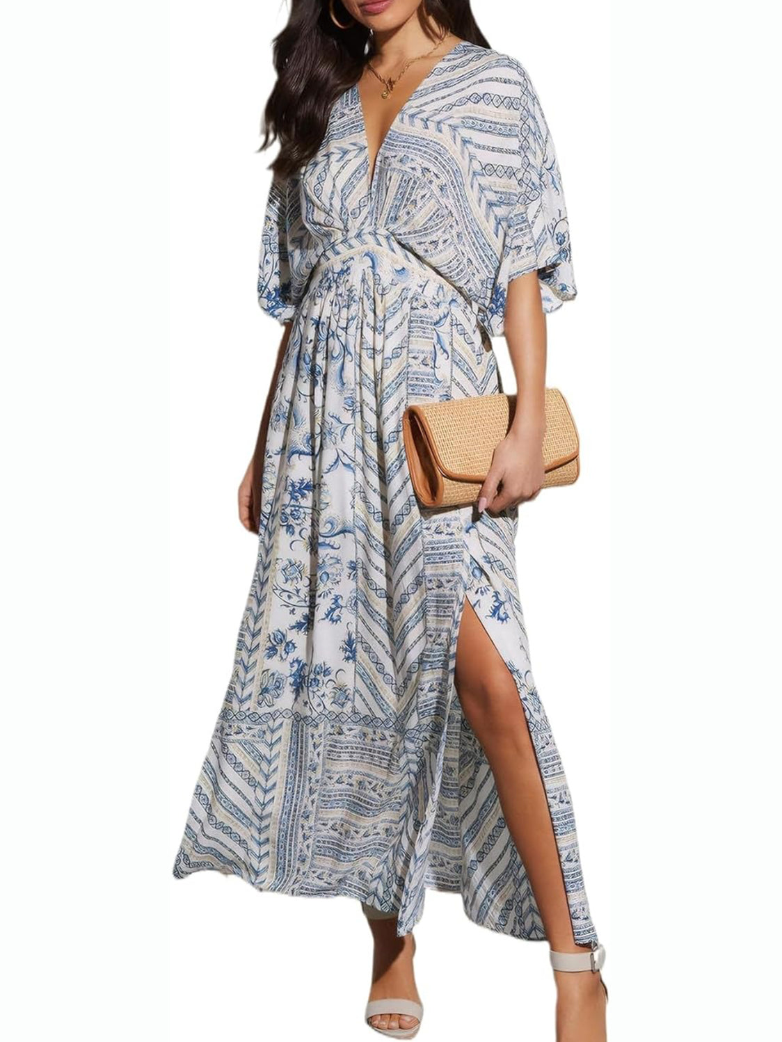 Women's A-Line Floral Print Deep V Neck Maxi Dress