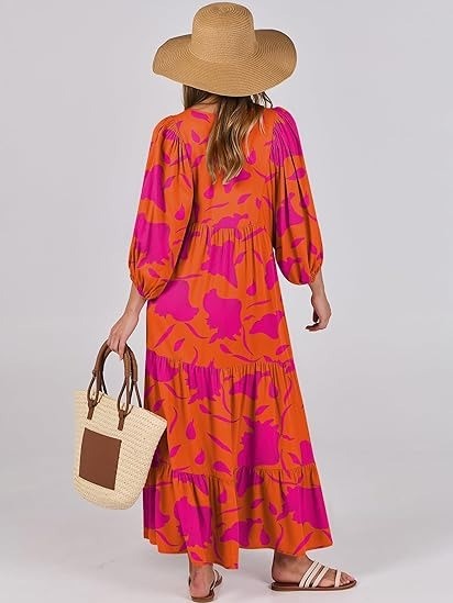 Women's Puff Sleeve Smocked Ruffle Boho Maxi Dress