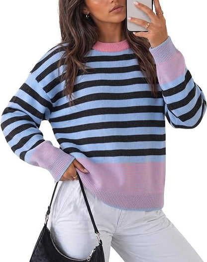Women's Color Block Striped Oversized Crewneck Sweater