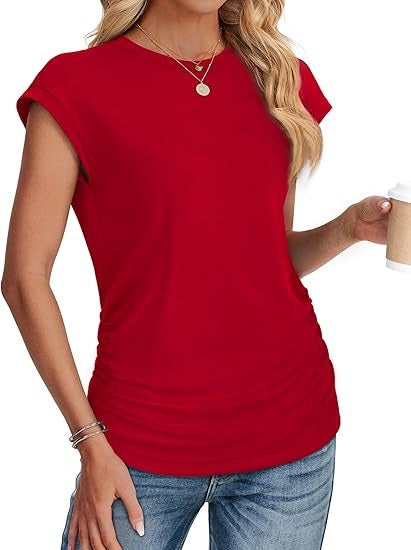 Women's Crew Neck Ruched Cap Sleeve T-Shirt