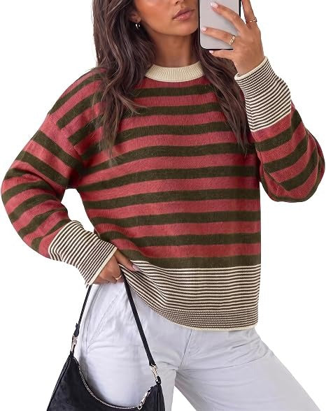 Women's Color Block Striped Oversized Crewneck Sweater