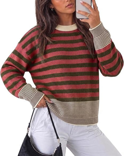 Women's Color Block Striped Oversized Crewneck Sweater