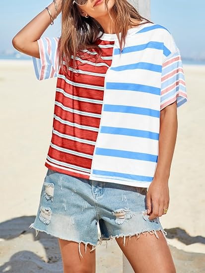 Women's Color Block Striped Short Sleeve Tee