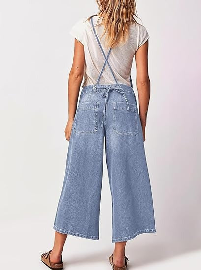 Women's Vintage Wash Denim Wide Leg Overalls