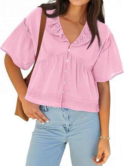Women's Eyelet Ruffle V Neck Button Down Babydoll Top
