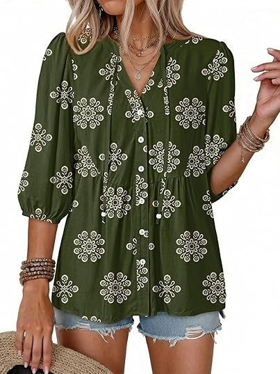 Women's Boho Floral V-Neck Peplum Blouse