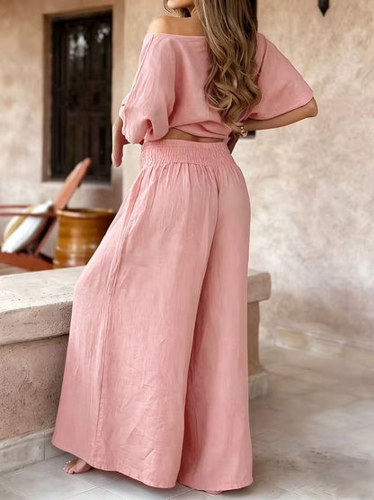 Women's Off Shoulder Batwing Top Wide Leg Pants Outfit
