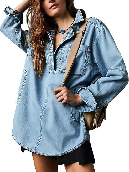 Women's Oversized Half Placket Denim Tunic Shirt