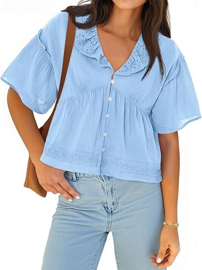 Women's Eyelet Ruffle V Neck Button Down Babydoll Top