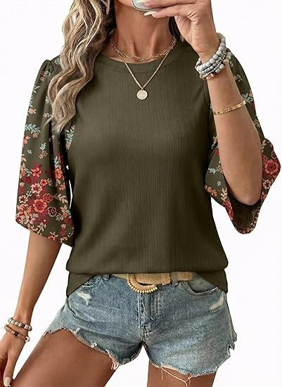 Floral Print 3/4 Puff Sleeve Casual T-Shirt