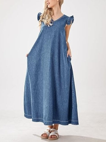 Women's Ruffle Sleeveless V-Neck Denim Maxi Dress
