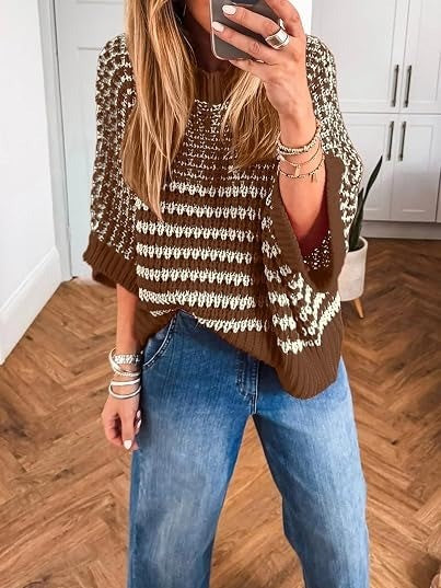 Womens 3/4 Sleeve Striped Sweater Tops