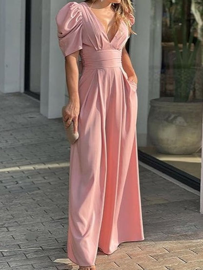 Women's Puff Sleeve Waist Cinched Wide Leg Jumpsuit
