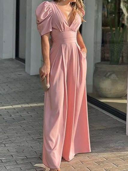 Women's Puff Sleeve Waist Cinched Wide Leg Jumpsuit