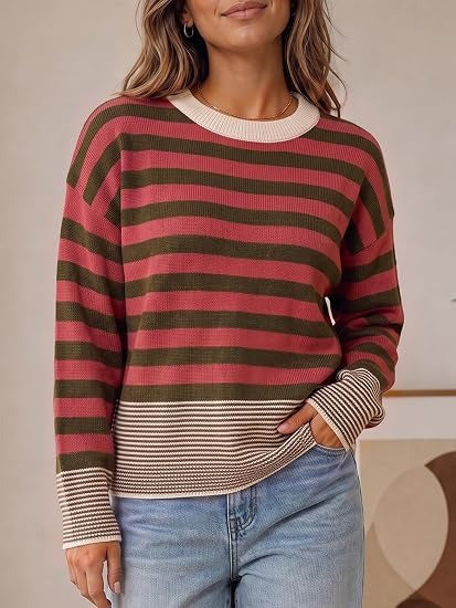 Women's Color Block Striped Oversized Crewneck Sweater