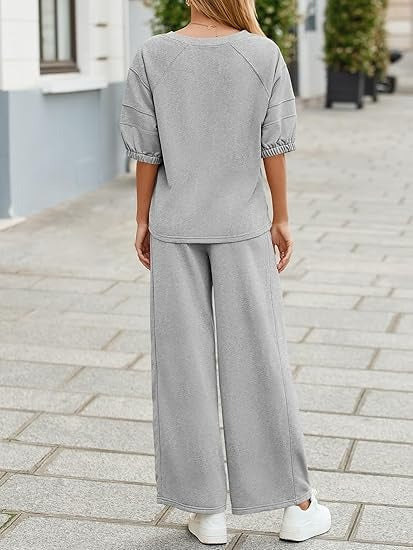 Women's 2 Piece Casual V-Neck Wide Leg Outfit