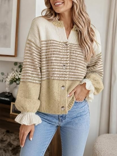 Women's Color Block Striped Ruffle Cuff Cardigan