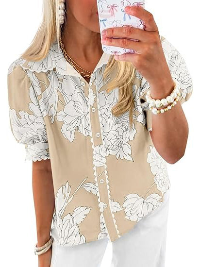 Women's Puff Sleeve Floral Print Button Down Shirts