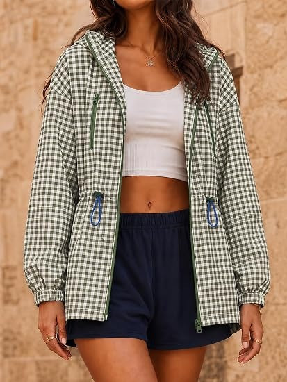 Women's Oversized Plaid Checkered Casual Windbreaker Coat