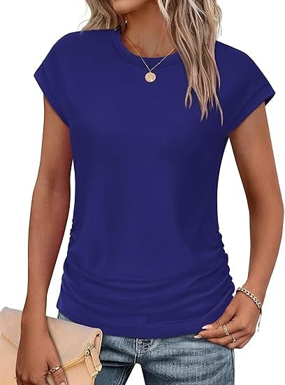 Women's Crew Neck Ruched Cap Sleeve T-Shirt