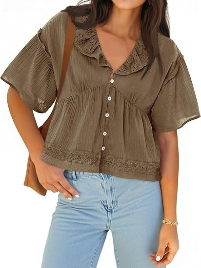 Women's Eyelet Ruffle V Neck Button Down Babydoll Top