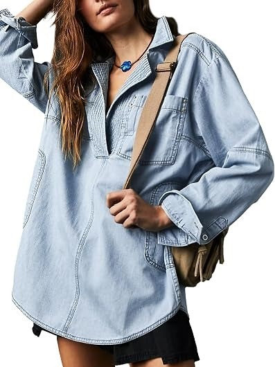 Women's Oversized Half Placket Denim Tunic Shirt