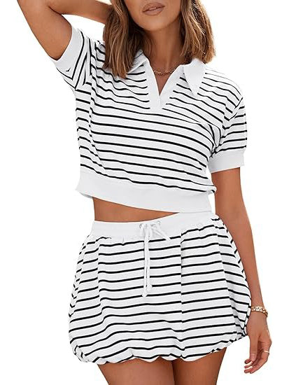 Women's Striped 2 Piece Outfits Skort Set