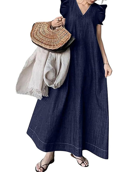 Women's Ruffle Sleeveless V-Neck Denim Maxi Dress