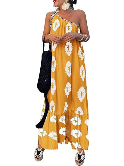 One-Shoulder Printed Flowy Boho Beach Vacation Maxi Dress